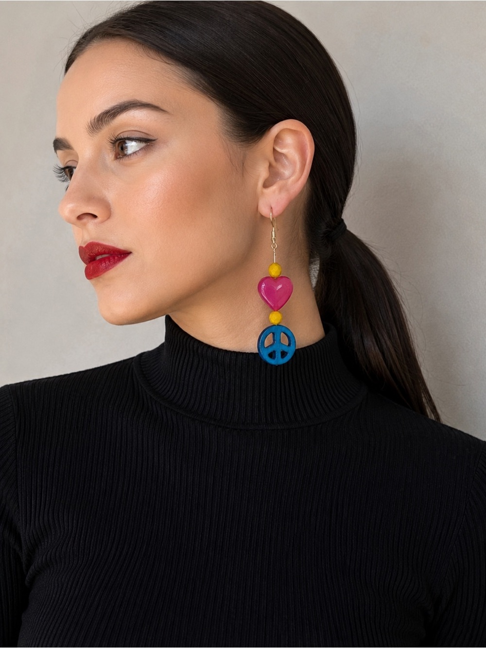 Y2K Chunky Pink Heart+Blue Peace Sign Dangles | Handmade Statement Earrings 😍